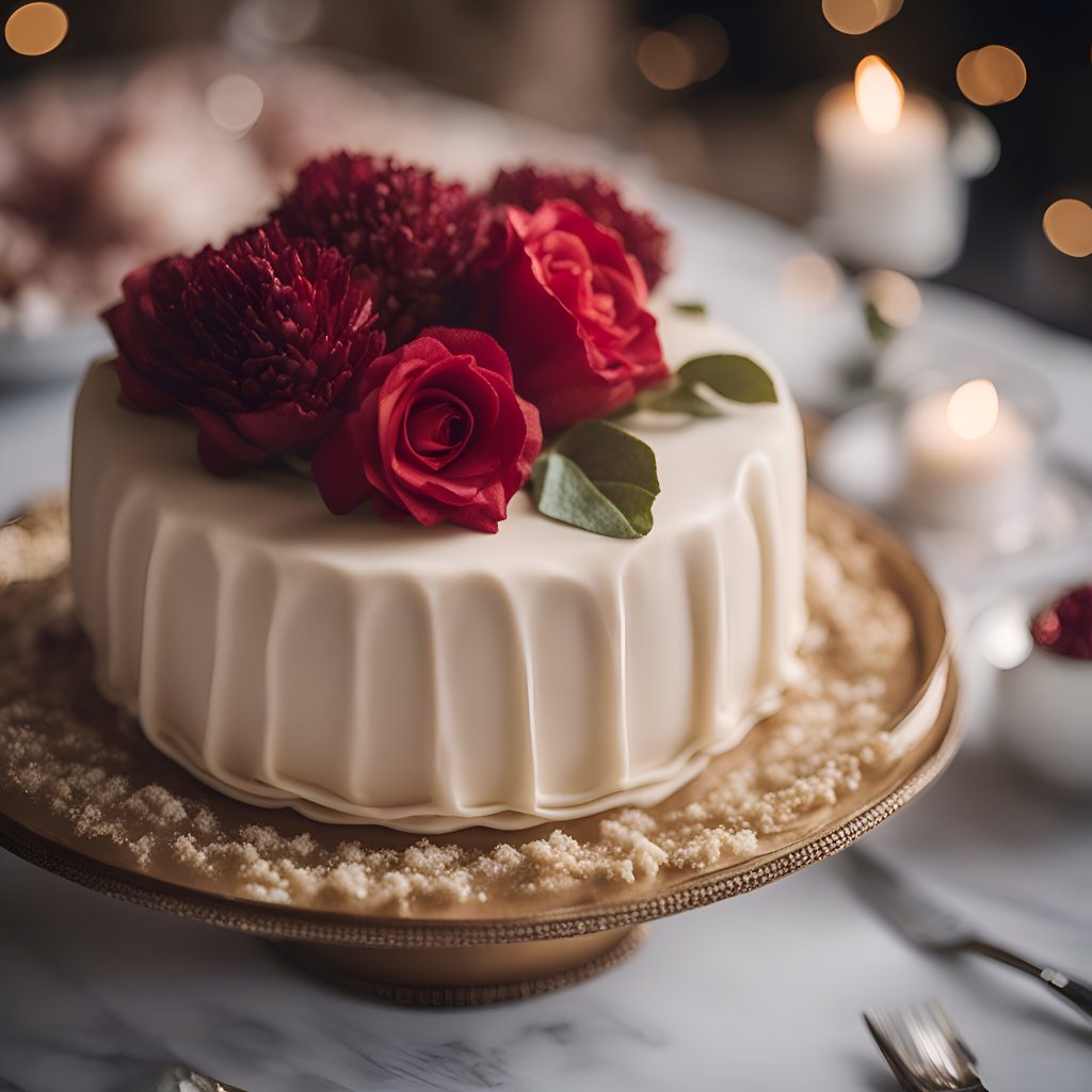 Cake with red roses on a white marble background. Selective focu